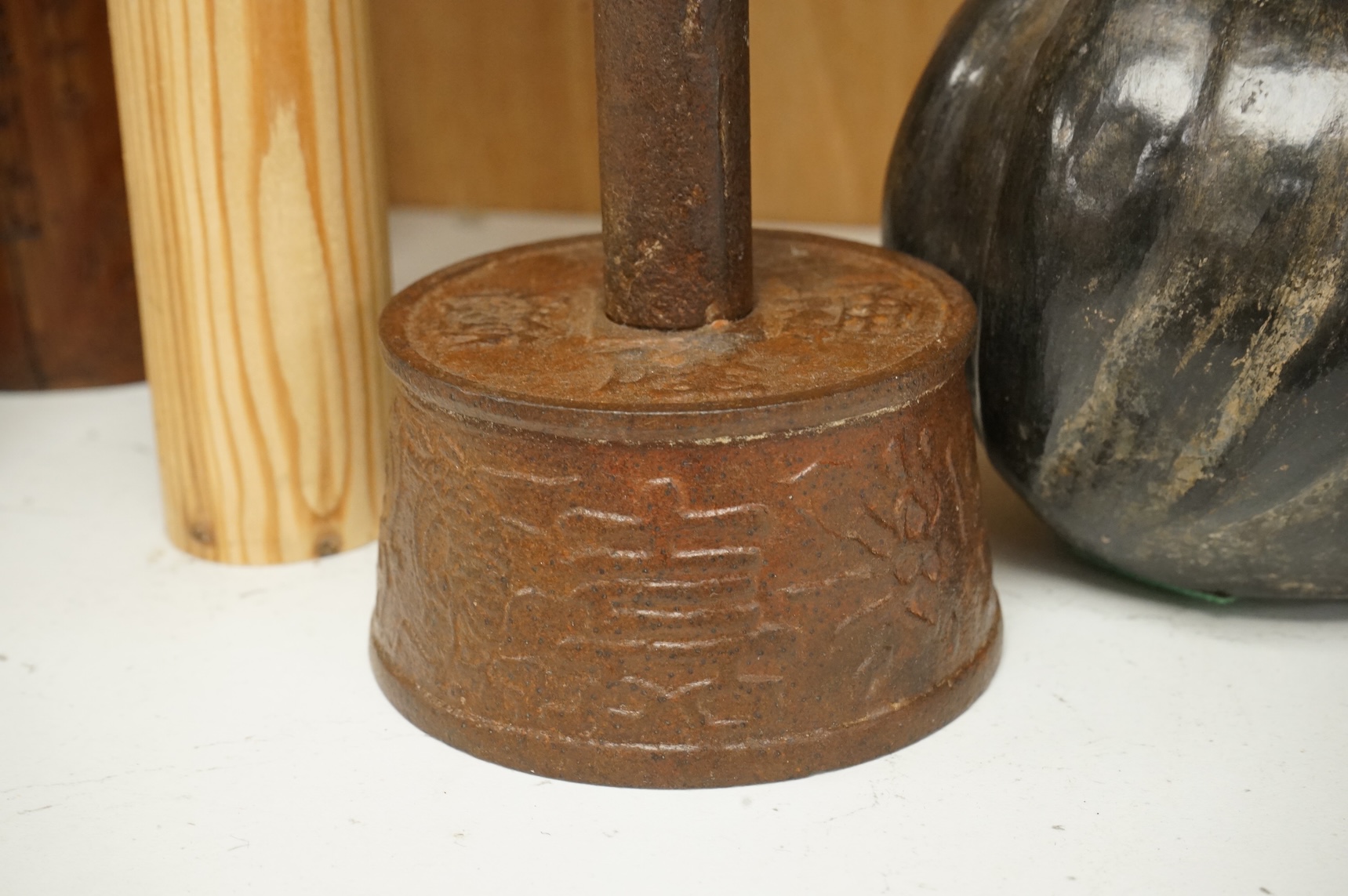 Oriental items to include a crackleglaze bowl on stand and a bamboo brush pot, together with two other vessels, largest 27cm in diameter